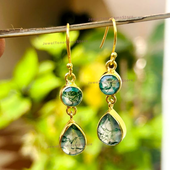 Moss Agate Dangle Earrings: 925 Sterling Silver, Natural Green Stone Moss Agate Dangle Earrings: 925 Sterling Silver, Natural Green Stone