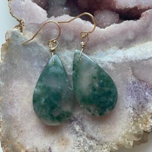 Moss Agate Dangle Earrings: Handmade Gold Filled Crystal Statement Moss Agate Dangle Earrings: Handmade Gold Filled Crystal Statement