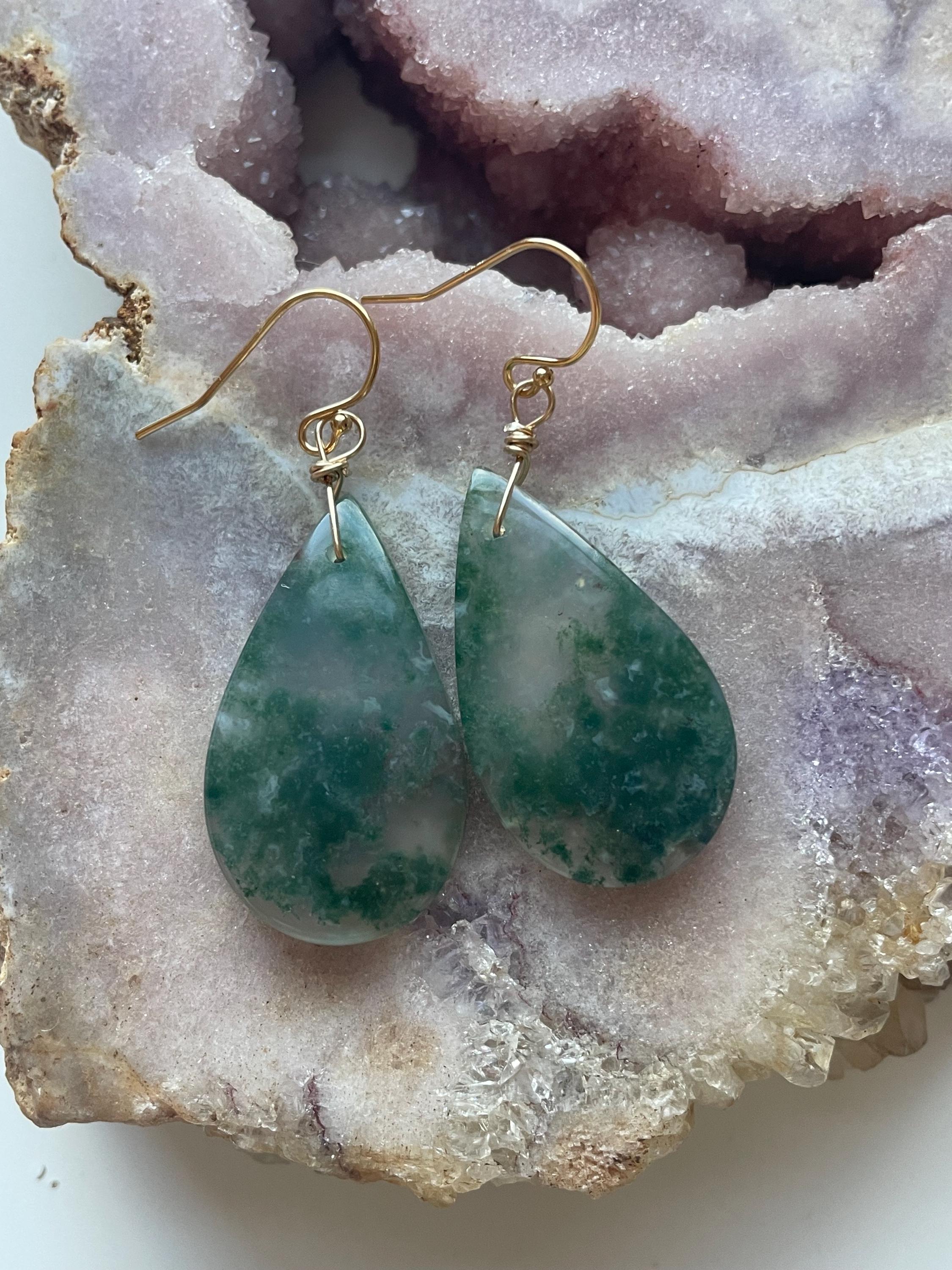 Moss Agate Dangle Earrings: Handmade Gold Filled Crystal Statement Moss Agate Dangle Earrings: Handmade Gold Filled Crystal Statement