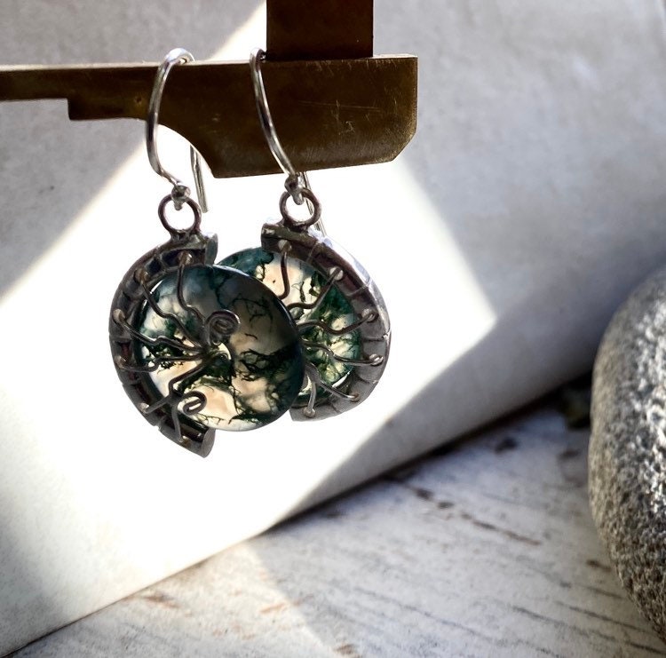Moss Agate Drop Earrings: Sterling Silver Wire Wrapped Boho Jewelry