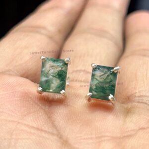 Emerald Cut Moss Agate Stud Earrings: 925 Sterling Silver Emerald Cut Moss Agate Stud Earrings: 925 Sterling Silver