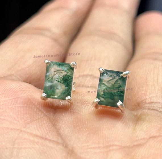 Emerald Cut Moss Agate Stud Earrings: 925 Sterling Silver