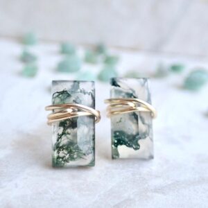 Moss Agate Gemstone Stud Earrings, Sterling Silver Or Gold Filled, Minimal Bar Earring, faceted Wire Wrapped Baguette Post, moss Agate Jewelry
