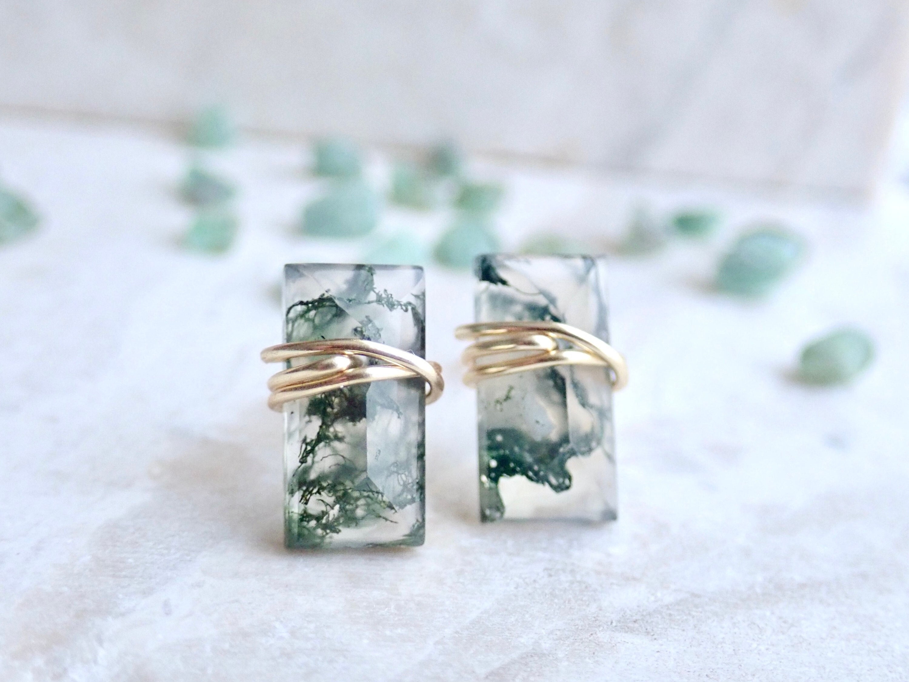 Moss Agate Gemstone Stud Earrings, Sterling Silver Or Gold Filled, Minimal Bar Earring, Faceted Wire Wrapped Baguette Post, Moss Agate Jewelry Moss Agate Gemstone Stud Earrings, Sterling Silver Or Gold Filled, Minimal Bar Earring, Faceted Wire Wrapped Baguette Post, Moss Agate Jewelry