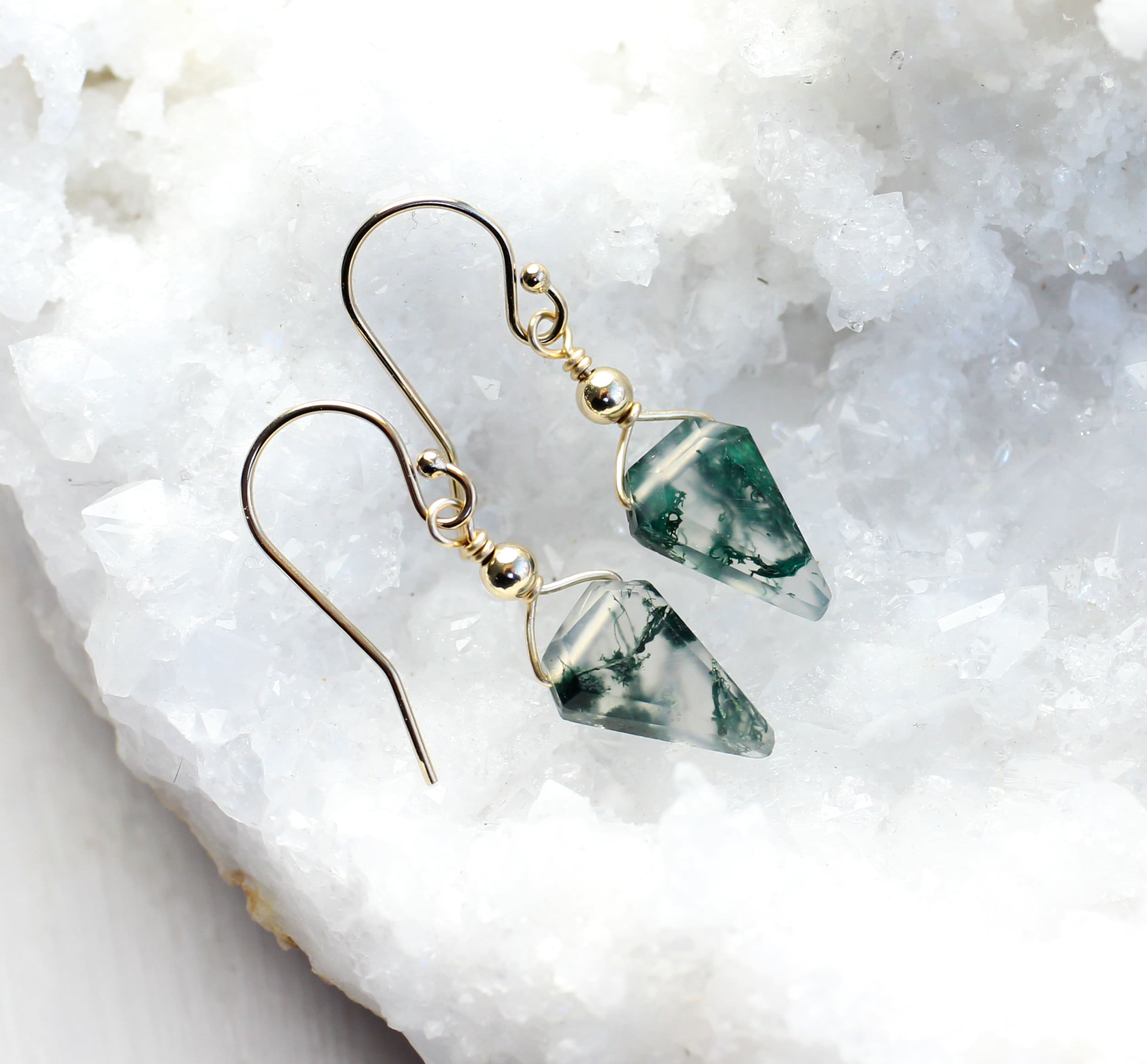 Moss Agate Earrings Gold, Spike Earrings, Pointy Earrings, Moss Agate Jewelry, Virgo Stone For Heart Chakra Abundance, Natural Gemstone Gift