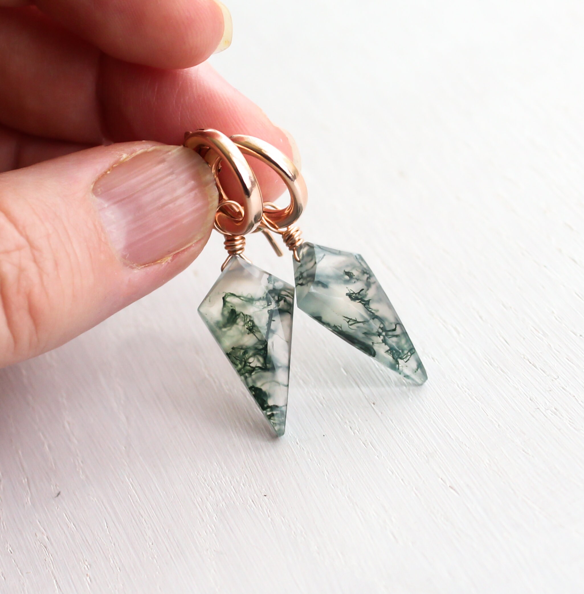 Moss Agate Earrings Gold, Spike Earrings, Rose Gold Hoop Earrings, Moss Agate Jewelry, Virgo Stone For Heart Chakra Abundance, Real Gemstone