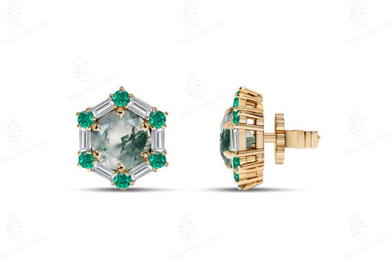 Green Moss Agate Stud Earrings For Her Art Deco Moss Agate Dainty Studs 925 Sterling Silver Statement Studs Unique Halo Design Women Studs