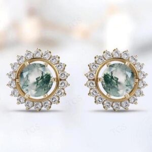 Green Moss Agate Wedding Earring For Woman Rose Gold Halo Style Earring Round Cut Moissanite Stud Earrings Vintage Bridal Earrings For Her Green Moss Agate Wedding Earring For Woman Rose Gold Halo Style Earring Round Cut Moissanite Stud Earrings Vintage Bridal Earrings For Her