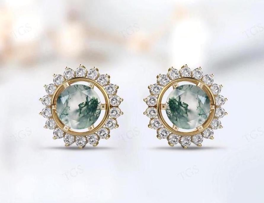 Green Moss Agate Wedding Earring For Woman Rose Gold Halo Style Earring Round Cut Moissanite Stud Earrings Vintage Bridal Earrings For Her