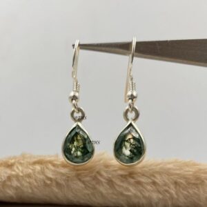 Handmade Pear Cut Moss Agate Dangle Earrings, 925 Sterling Silver Handmade Pear Cut Moss Agate Dangle Earrings, 925 Sterling Silver