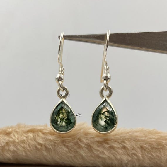 Handmade Pear Cut Moss Agate Dangle Earrings, 925 Sterling Silver Handmade Pear Cut Moss Agate Dangle Earrings, 925 Sterling Silver