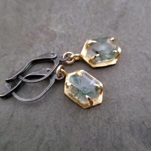 Moss agate hexagon dangle earrings in a claw prong setting - mixed metal jewelry