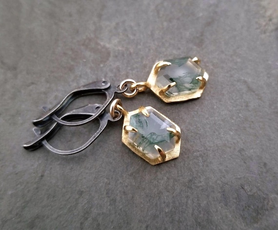 Moss Agate Hexagon Dangle Earrings In A Claw Prong Setting - Mixed Metal Jewelry