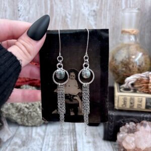 Moss Agate Hoop And Fringe Fine Silver Crystal Earrings / Long Dangle Witchy Earrings Moss Agate Hoop And Fringe Fine Silver Crystal Earrings / Long Dangle Witchy Earrings