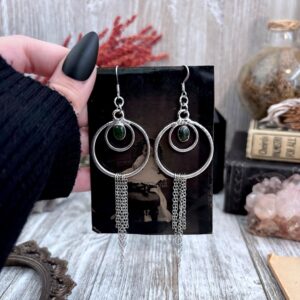 Moss Agate Hoop And Fringe Fine Silver Crystal Earrings / Long Dangle Witchy Earrings Moss Agate Hoop And Fringe Fine Silver Crystal Earrings / Long Dangle Witchy Earrings