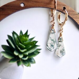 Moss Agate Hoop Earrings, Gemstone Hoop Earrings, Dainty Gold Fill Huggies, moss Agate Jewelry, kite Shape Crystal Dangle Earring, gift For Her