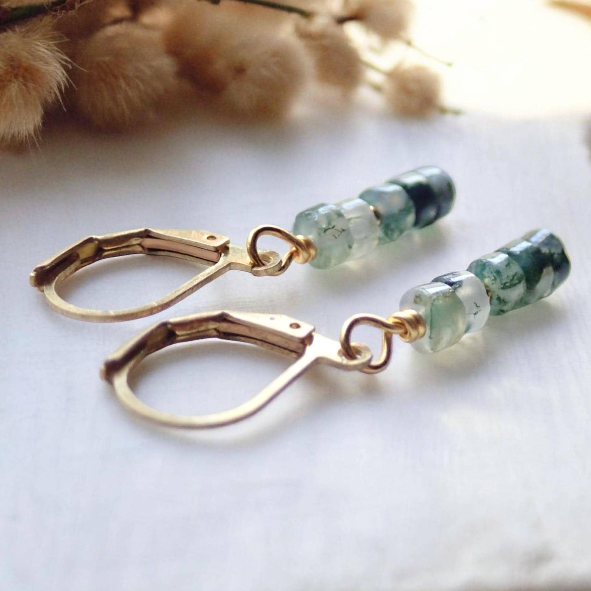 Moss Agate Earrings, Moss Agate Jewelry, Gemstone Drop Earrings Gold, Dainty Gemstone Dangle, Green Crystal Earrings, Gift For Her