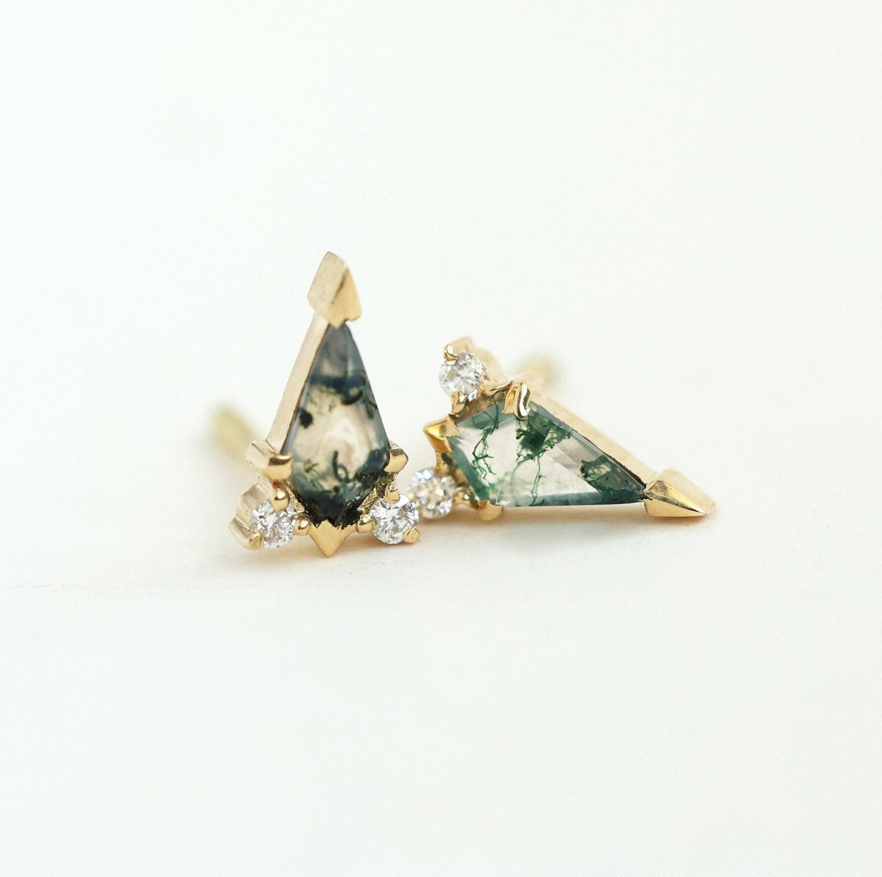 Kite Moss Agate Earrings, Moss Agate Stud Earrings