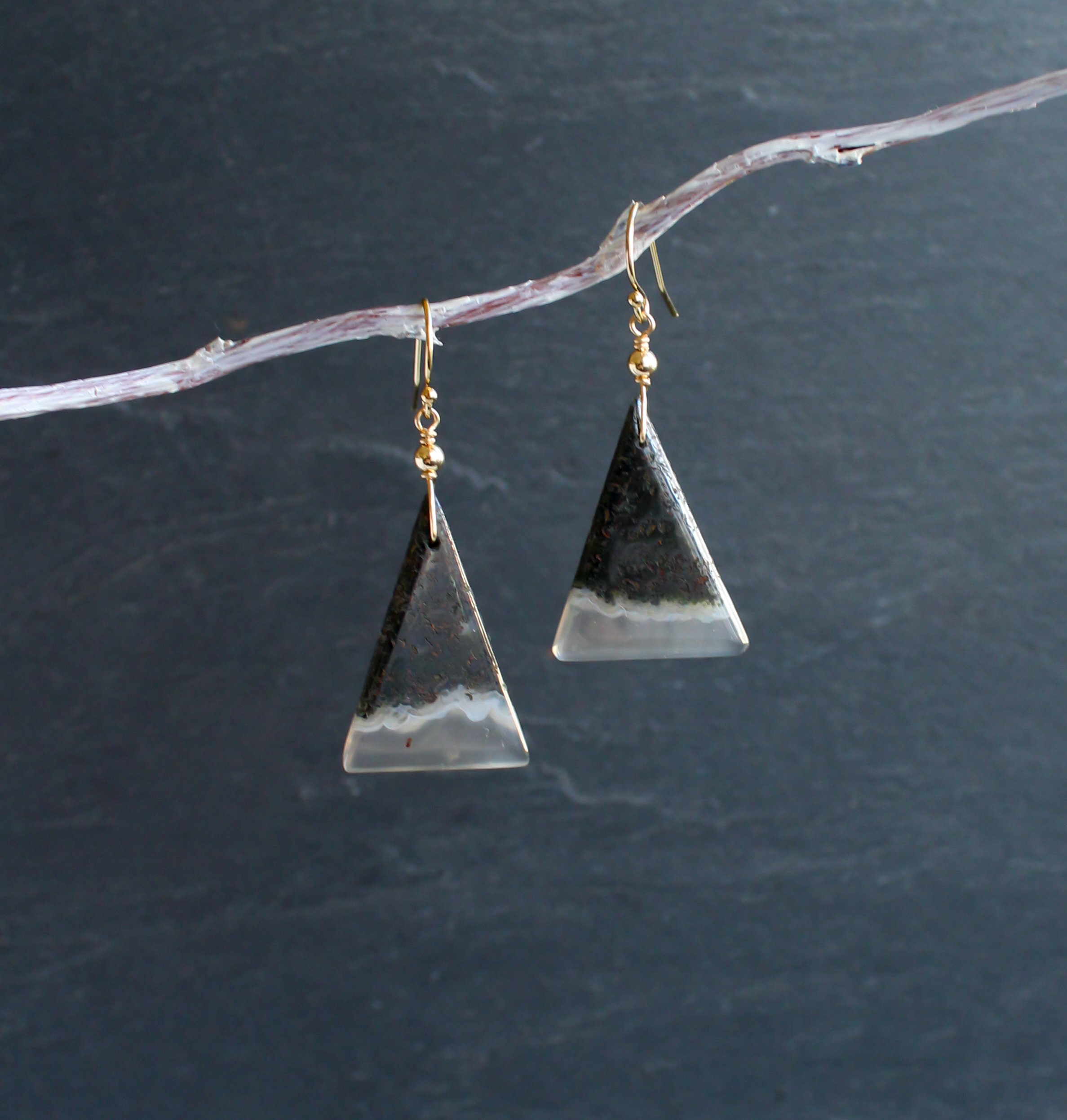 Large Moss Agate Earrings: 14k Gold Filled Triangle Gemstone Jewelry