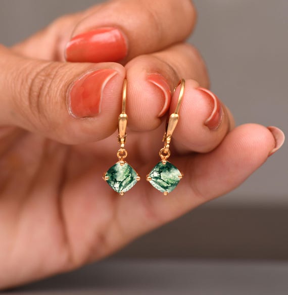 Moss Agate Leverback Earrings – Cushion Cut Sterling Silver, Green Agate