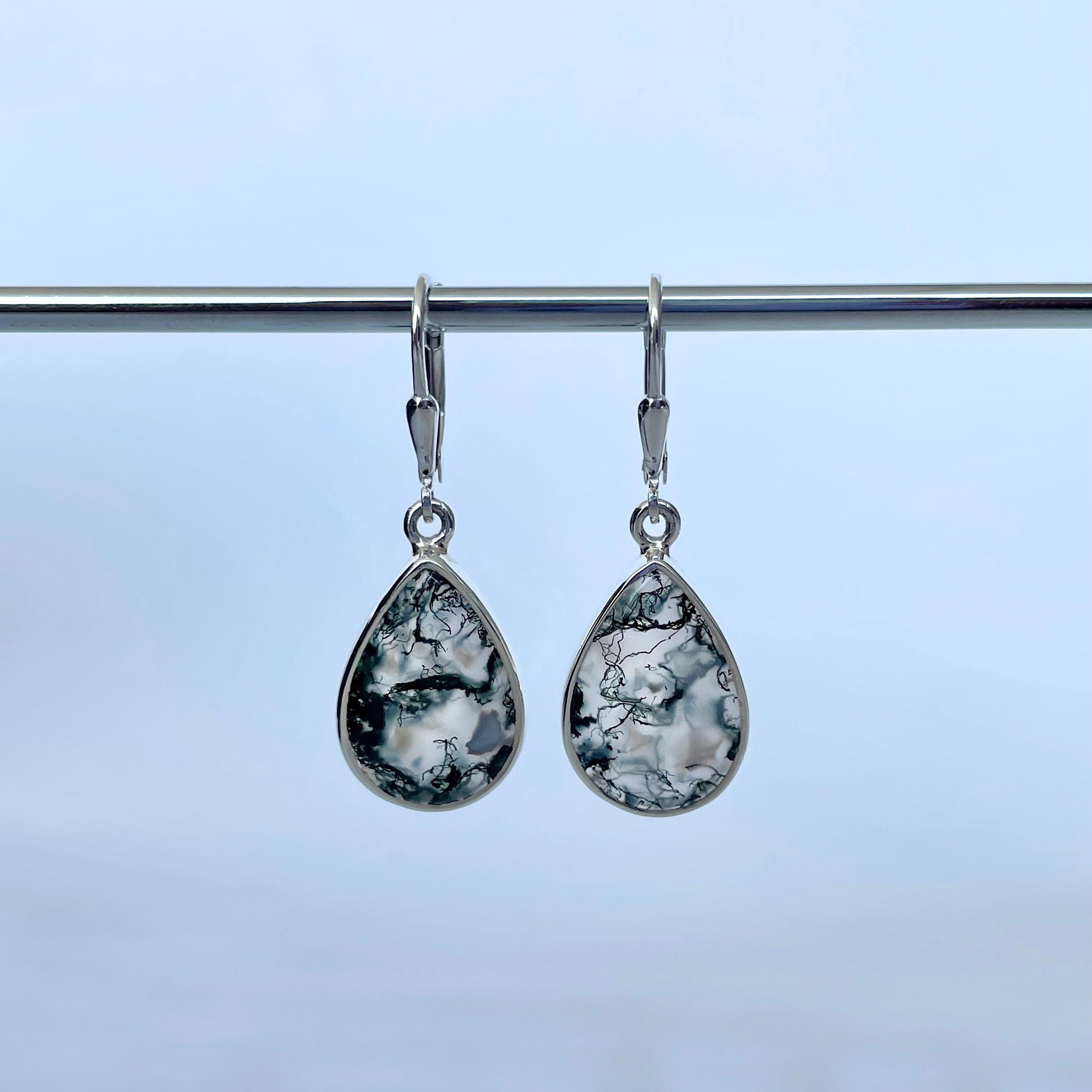 Moss Agate Leverback Earring / 925 Sterling Silver / Healing Gemstone / Gifts For Her / Pear Cab / Moss Agate Statement Earring Moa-e-132.
