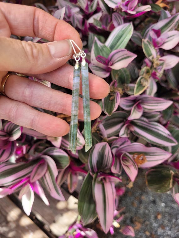 Long Moss Agate Earrings. Sterling Silver Agate Earrings