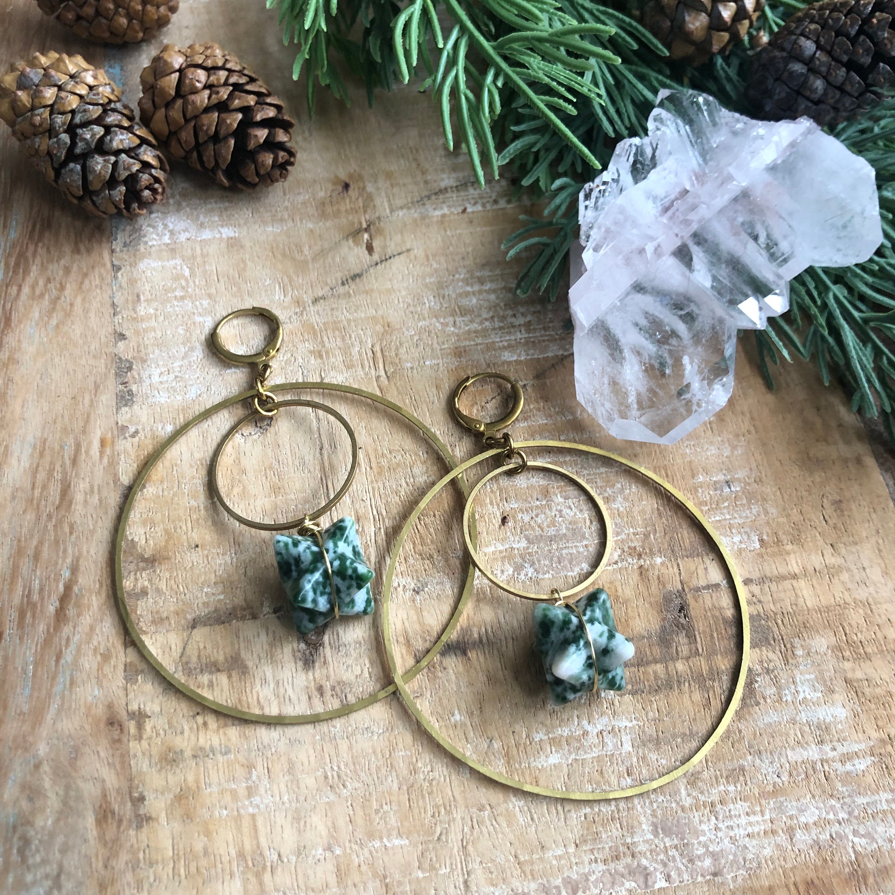Moss Agate Merkaba And Brass Earrings
