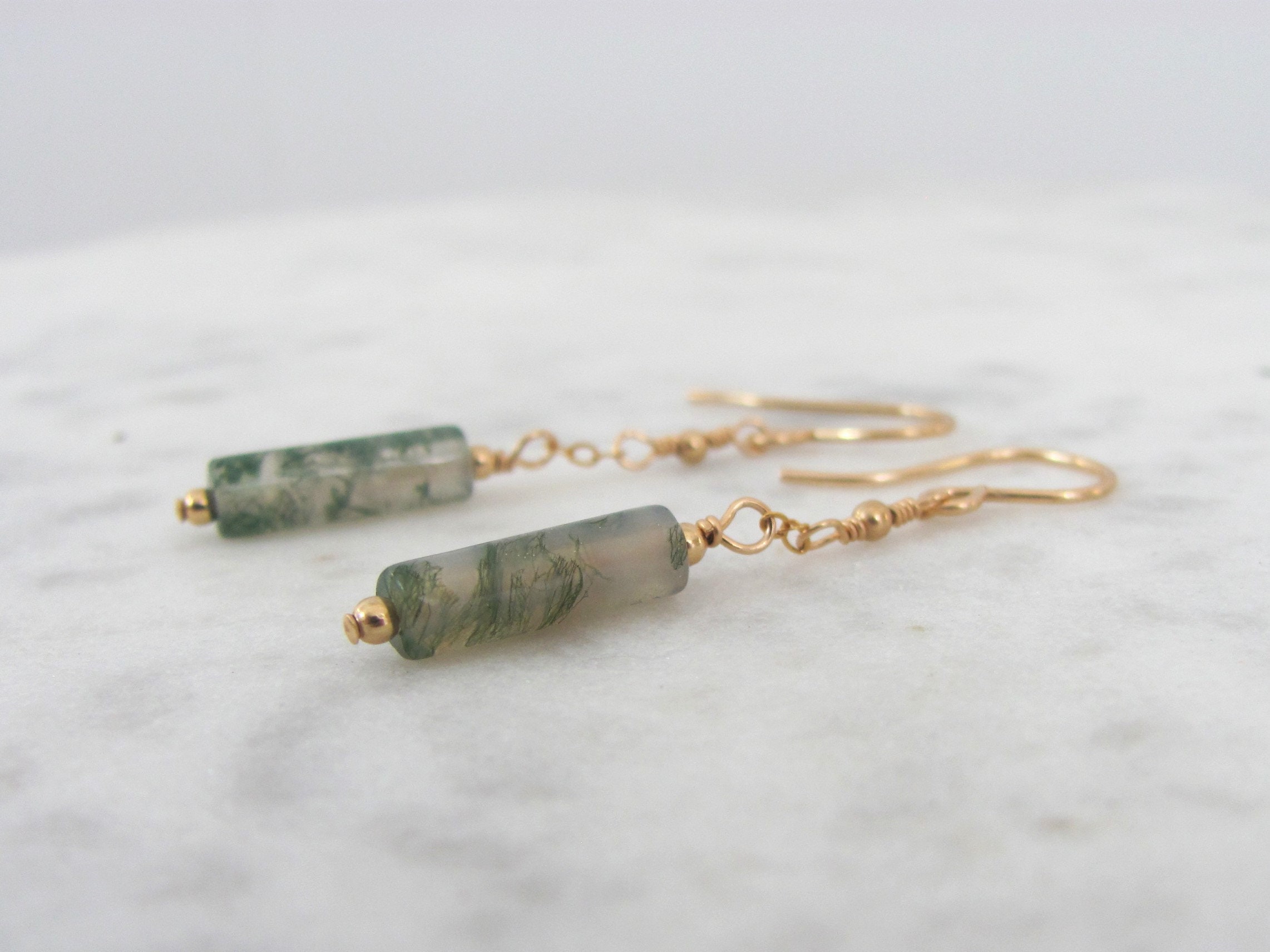 Moss Agate Earrings - Minimal Dangle Earrings In Gold Filled And Sterling Silver - Best Friend Gift