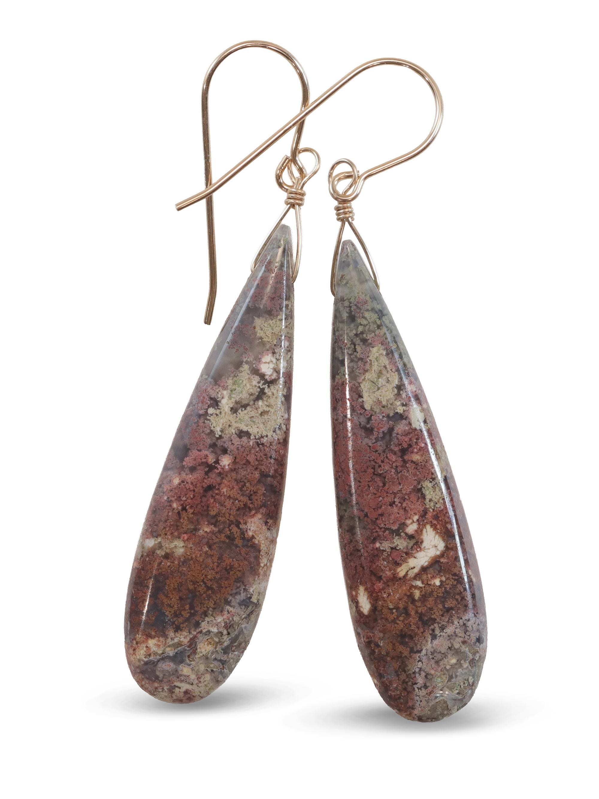 Moss Agate Earrings Natural Smooth Drop Beaded  Long Teardrops 2.3 In Sterling Silver Or 14k Solid Gold Or Filled Mossy Red Green Multi