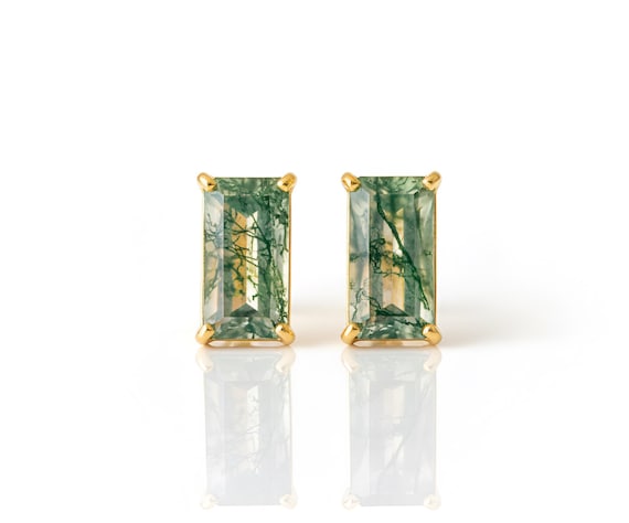 Natural Moss Agate Stud Earrings, 925 Sterling Silver: Nature Earrings, Anniversary Promise Gifts Women