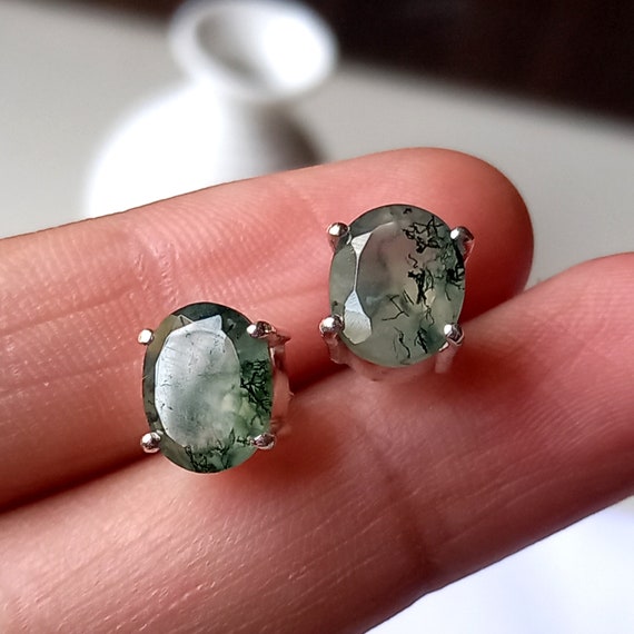 Oval Moss Agate Stud Earrings: 925 Sterling Silver Dainty Earrings