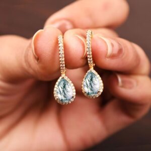Pear Moss Agate 14K Gold Plated Leverback Earrings, Bridal Jewelry Pear Moss Agate 14K Gold Plated Leverback Earrings, Bridal Jewelry