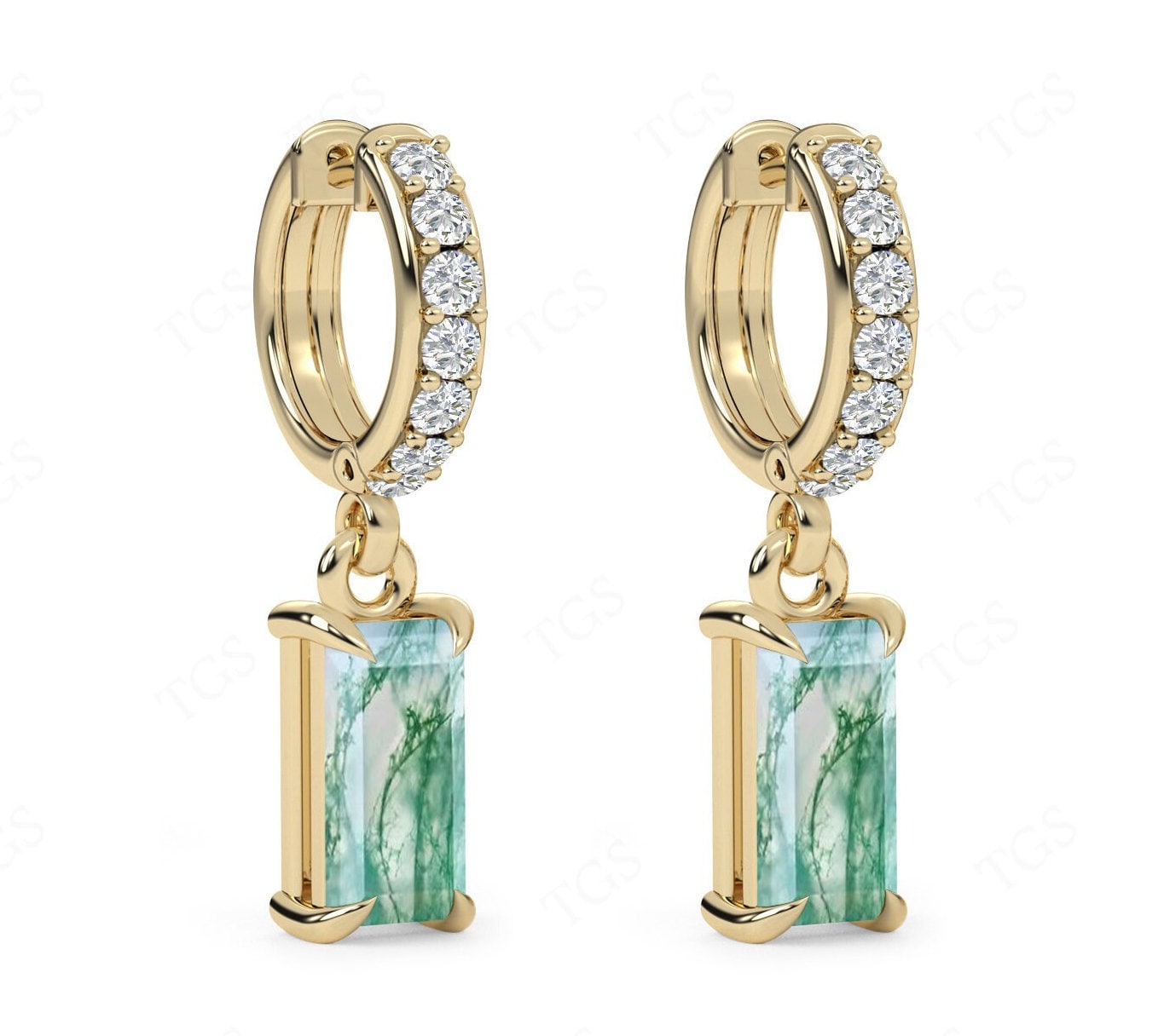 Radient Cut Moss Agate Hoop Earring Unique Moss Agate Moissanite Hoop Earrings Art Deco Moss Agate Wedding Earrings Anniversary Gift For Her