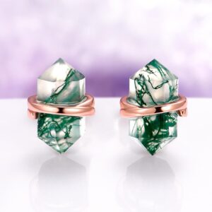 Raw Green Moss Agate Stud Earrings In 14k Rose Gold Vermeil- Hexagon Natural Agate Studs Unique Birthstone Jewelry Anniversary Gift For Her