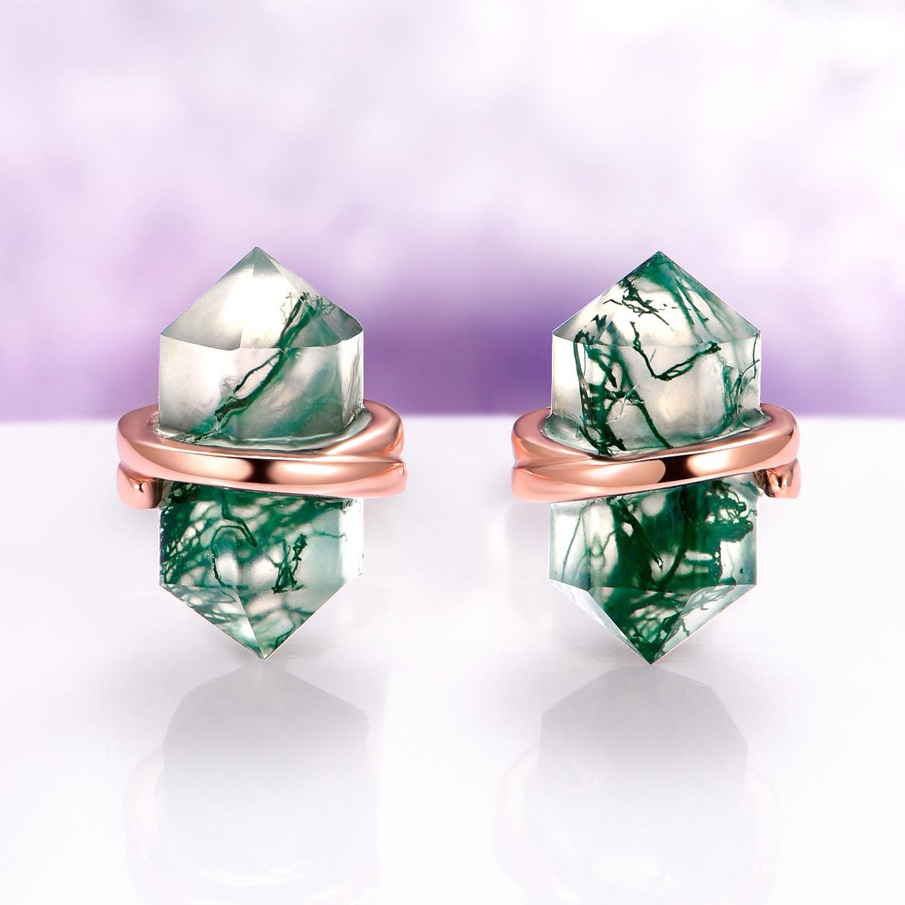Raw Green Moss Agate Stud Earrings In 14k Rose Gold Vermeil- Hexagon Natural Agate Studs Unique Birthstone Jewelry Anniversary Gift For Her Raw Green Moss Agate Stud Earrings In 14k Rose Gold Vermeil- Hexagon Natural Agate Studs Unique Birthstone Jewelry Anniversary Gift For Her