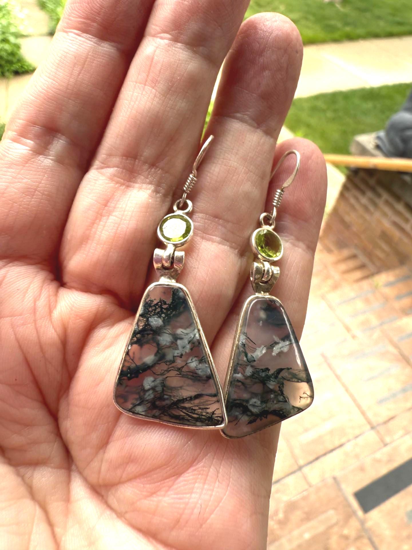 Sale, Very Beautiful Large Moss Agate Earrings, One Of A Kind, Abstract Design Sale, Very Beautiful Large Moss Agate Earrings, One Of A Kind, Abstract Design