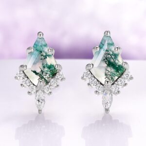 Skye Kite Green Moss Agate Earrings For Women- 925 Sterling Silver Natural Agate Studs Unique Birthstone Jewelry Anniversary Gift For Her