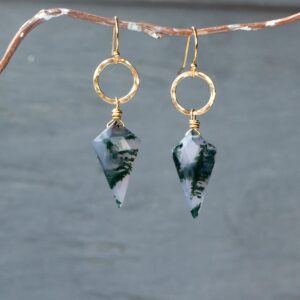 Moss agate earrings SOLID gold, spike earrings, pointy earrings, moss agate jewelry, virgo stone for heart chakra abundance natural gemstone