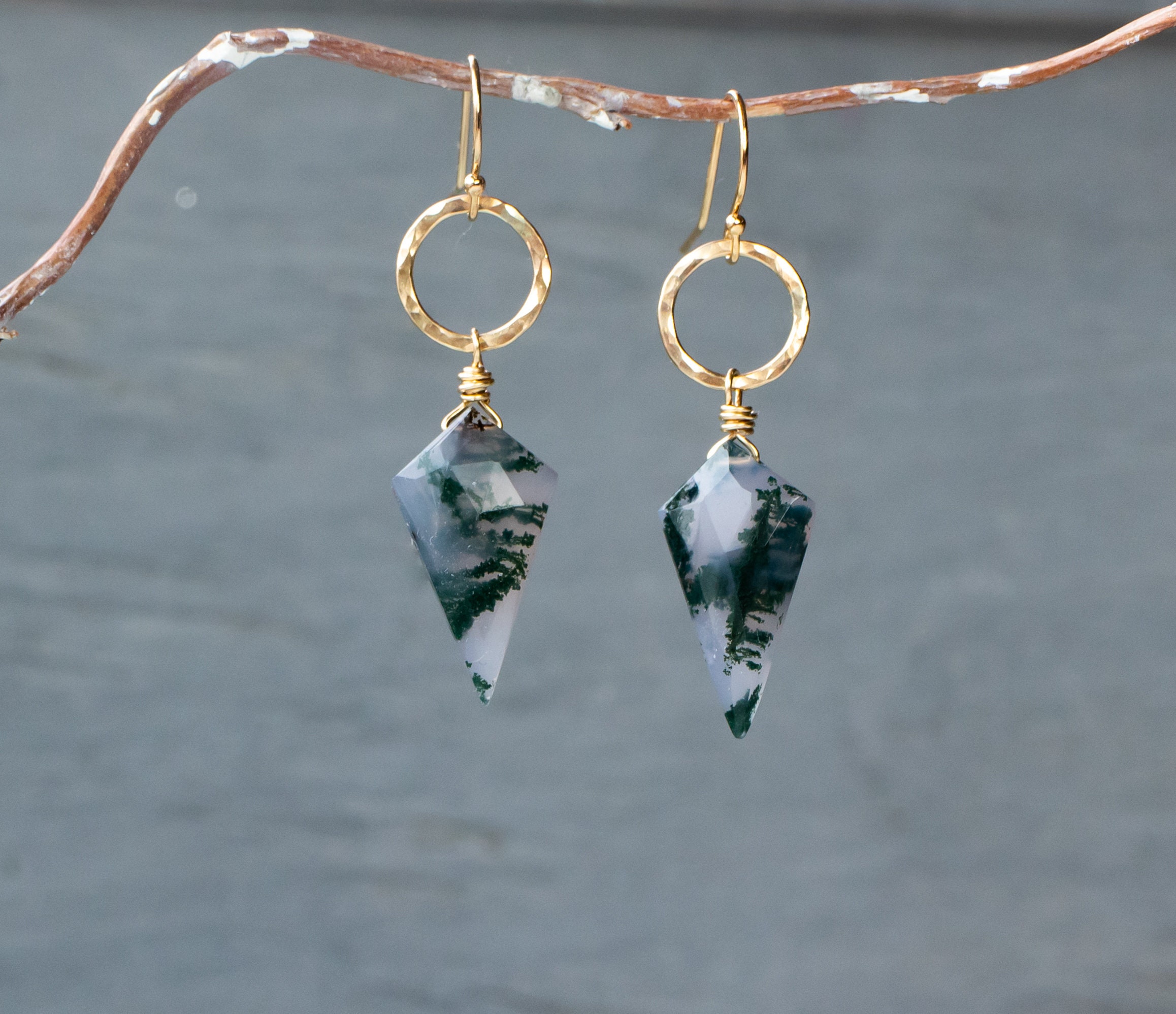 Moss Agate Earrings Solid Gold, Spike Earrings, Pointy Earrings, Moss Agate Jewelry, Virgo Stone For Heart Chakra Abundance Natural Gemstone