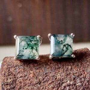 Square Moss Agate Stud Earrings: 925 Sterling Silver Dainty Earrings Square Moss Agate Stud Earrings: 925 Sterling Silver Dainty Earrings