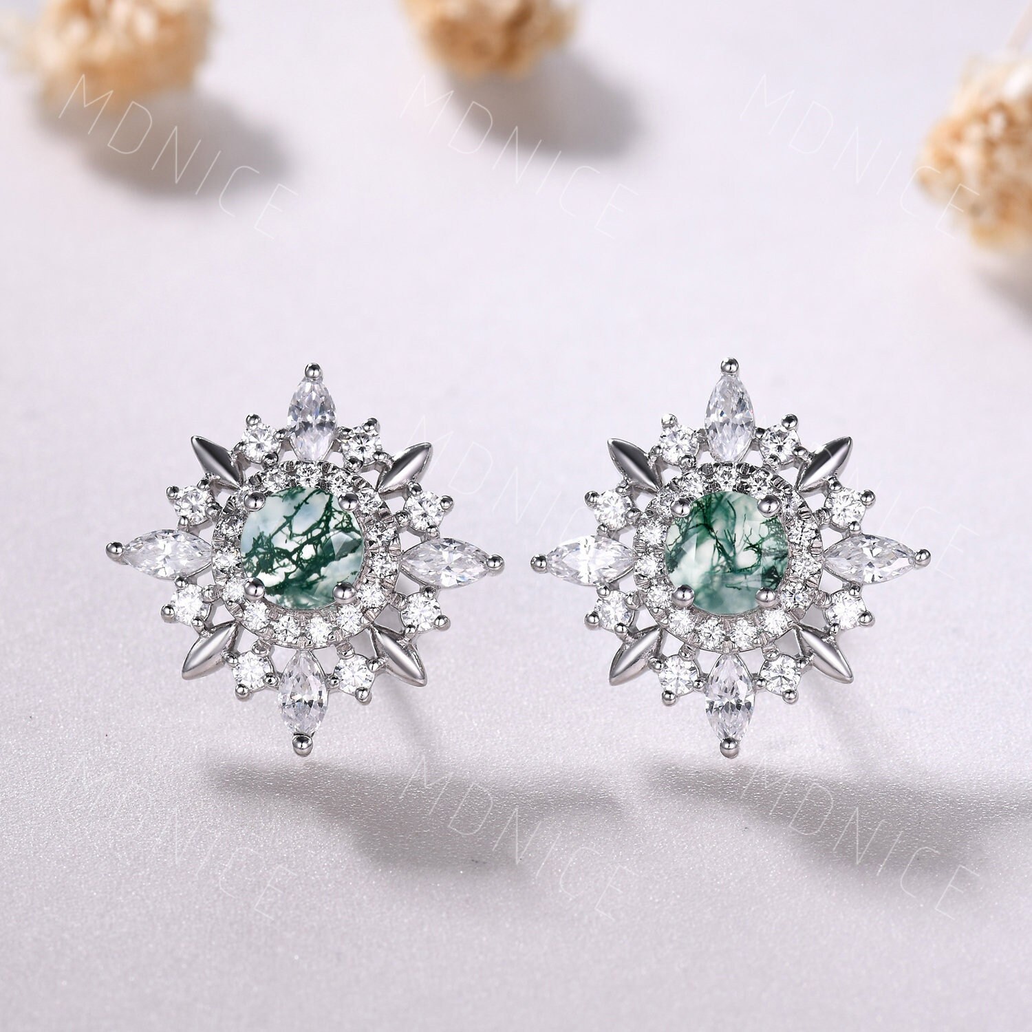 Moss Agate Starburst Earrings: Silver Moissanite Halo Studs