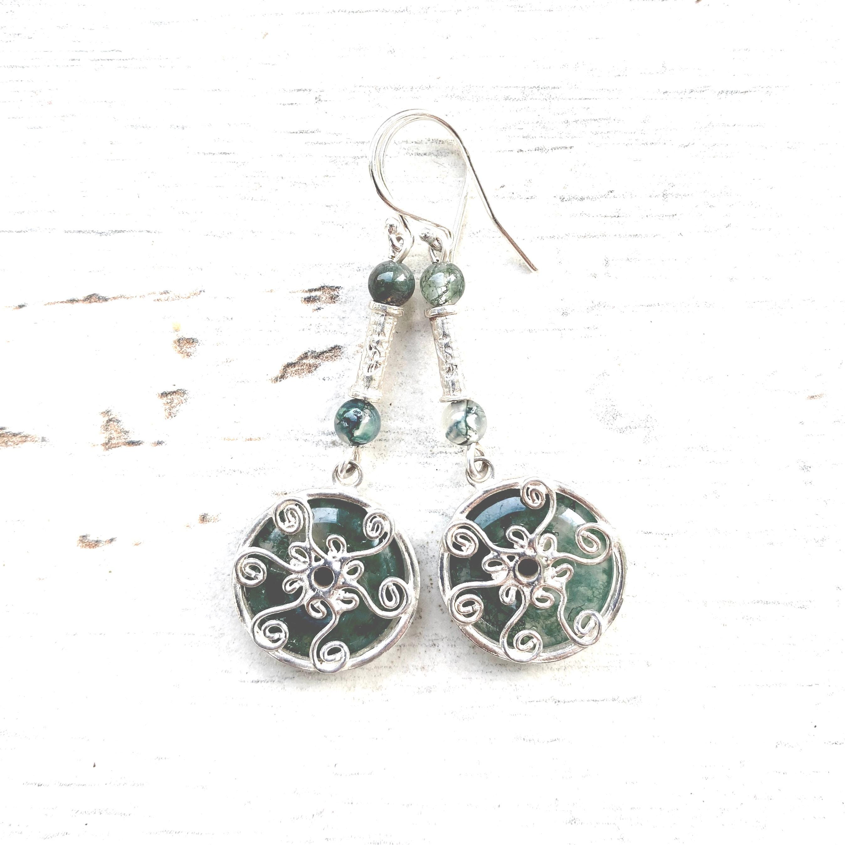 Moss Agate Sterling Silver Spiral Earrings: Whimsigoth Handmade Jewelry