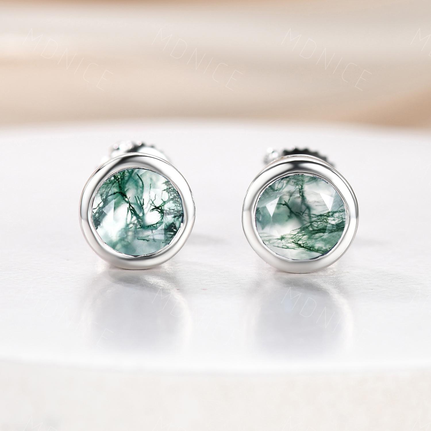 Moss Agate Stud Earrings: 5mm Round Silver Bezel, Minimalist Screw Back