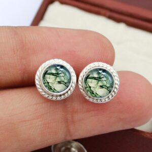 Moss Agate Stud Earrings: 925 Sterling Silver, Healing Crystal Moss Agate Stud Earrings: 925 Sterling Silver, Healing Crystal