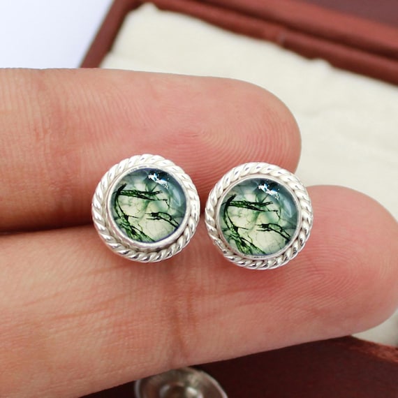 Moss Agate Stud Earrings: 925 Sterling Silver Rectangle Gemstone Jewelry Green Agate Earring