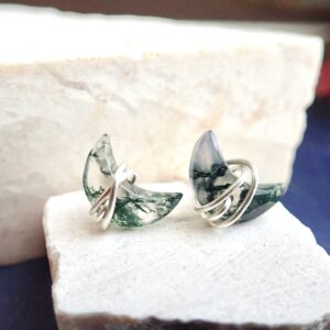 Moss Agate Stud Earrings, Moss Agate Jewelry, Crescent Moon Earrings, Wire Wrapped Gemstone Studs, Celestial Earrings, Half Moon Earrings