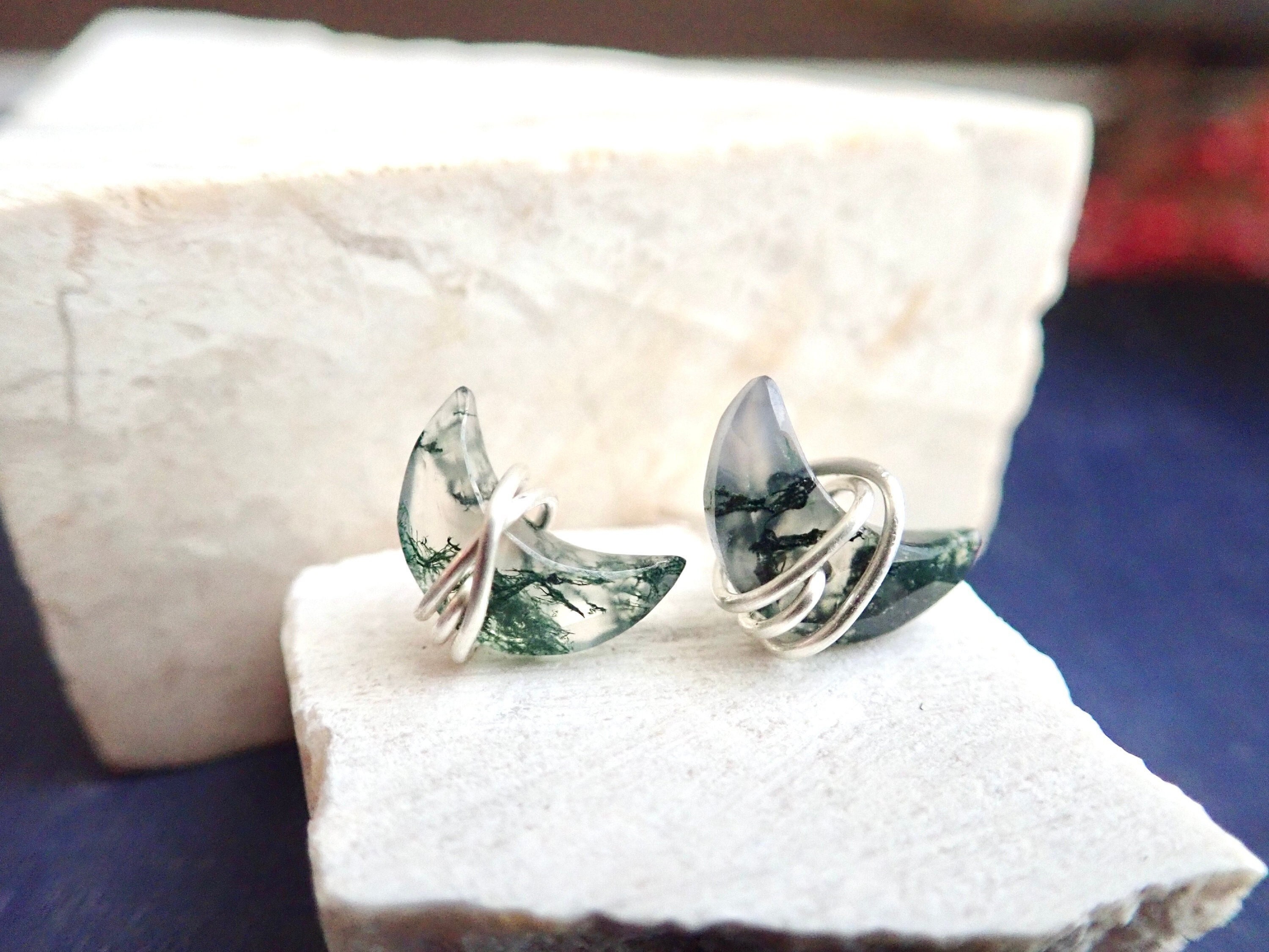 Moss Agate Stud Earrings, Moss Agate Jewelry, Crescent Moon Earrings, Wire Wrapped Gemstone Studs, Celestial Earrings, Half Moon Earrings