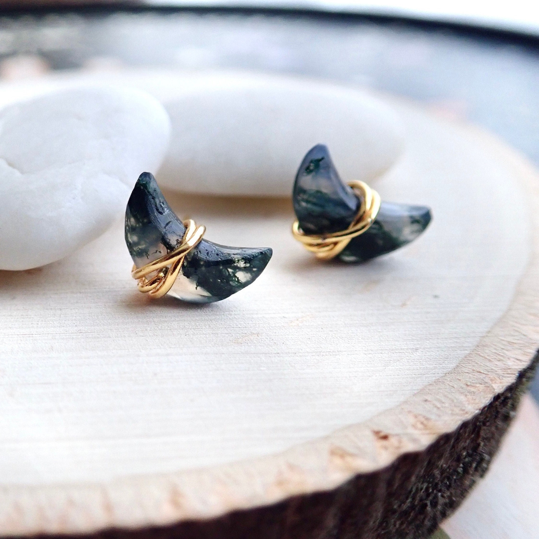 Moss Agate Stud Earrings, Moss Agate Jewelry, Crescent Moon Earrings, Wire Wrapped Gemstone Studs, Celestial Earrings, Lover Girlfriend Gift Moss Agate Stud Earrings, Moss Agate Jewelry, Crescent Moon Earrings, Wire Wrapped Gemstone Studs, Celestial Earrings, Lover Girlfriend Gift