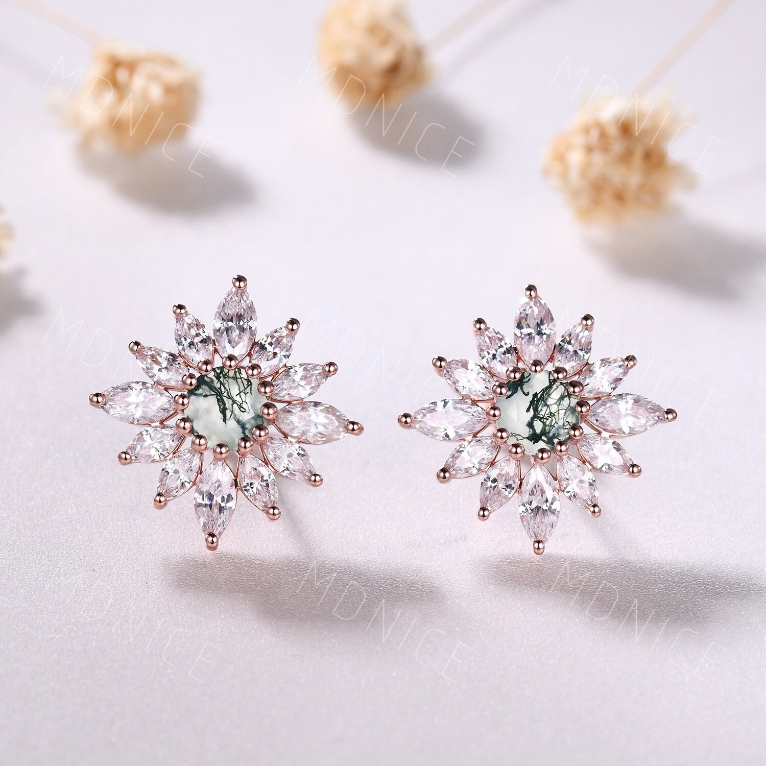 Moss Agate Stud Earrings: Rose Gold Floral Moissanite Halo