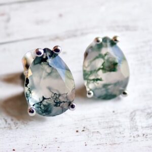 Moss Agate Stud Earrings Sterling Silver, Teardrop Natural Gemstone Studs, Moss Agate Jewelry, Birthstone Gift, Minimalist Crystal Posts,